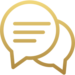 Ícone dourado de balões de conversa representando atendimento claro, suporte e comunicação direta em orientações sobre o BPC Loas.