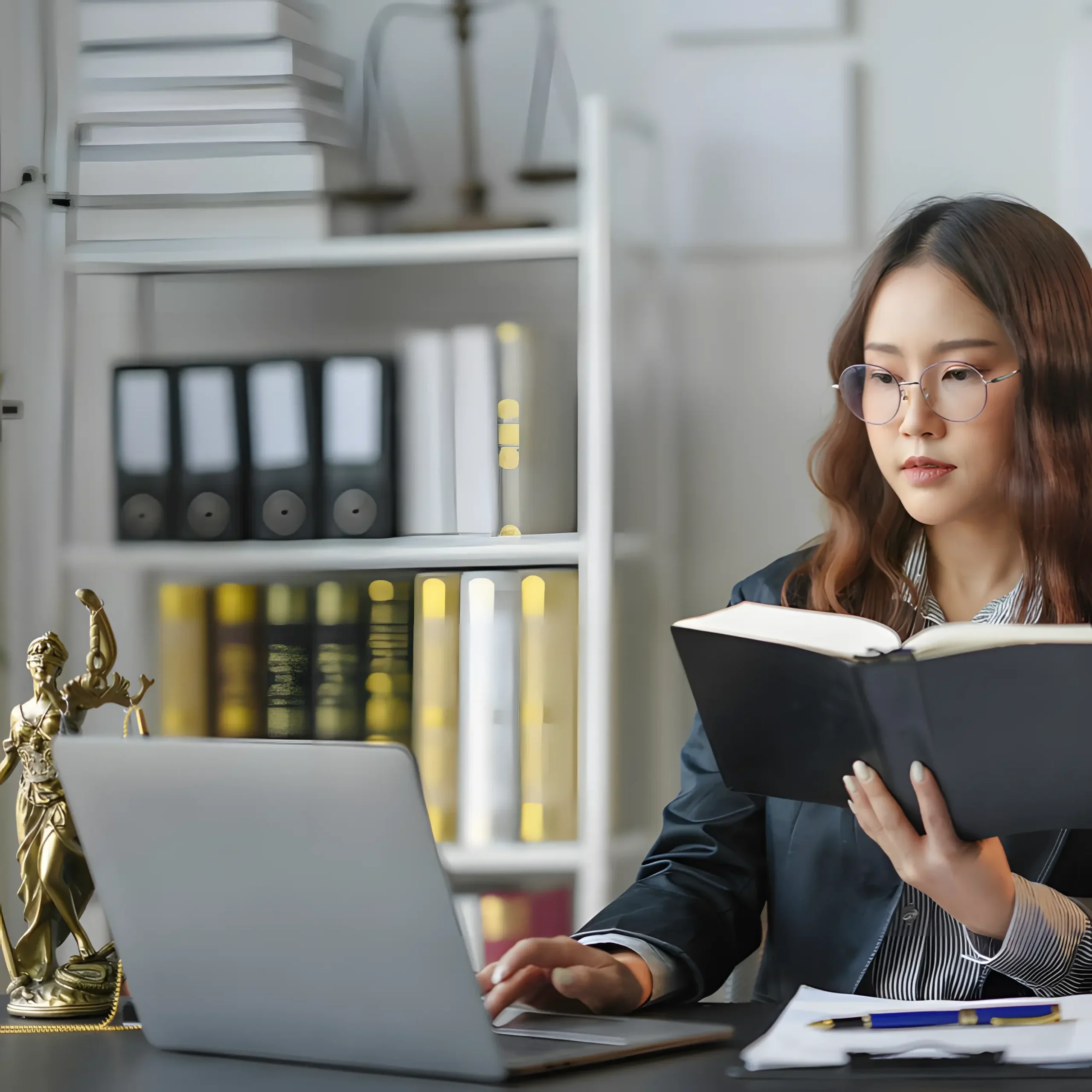 Advogada trabalhista especializada em consultoria jurídica analisando processo de direitos do trabalhador em escritório profissional com estátua da justiça